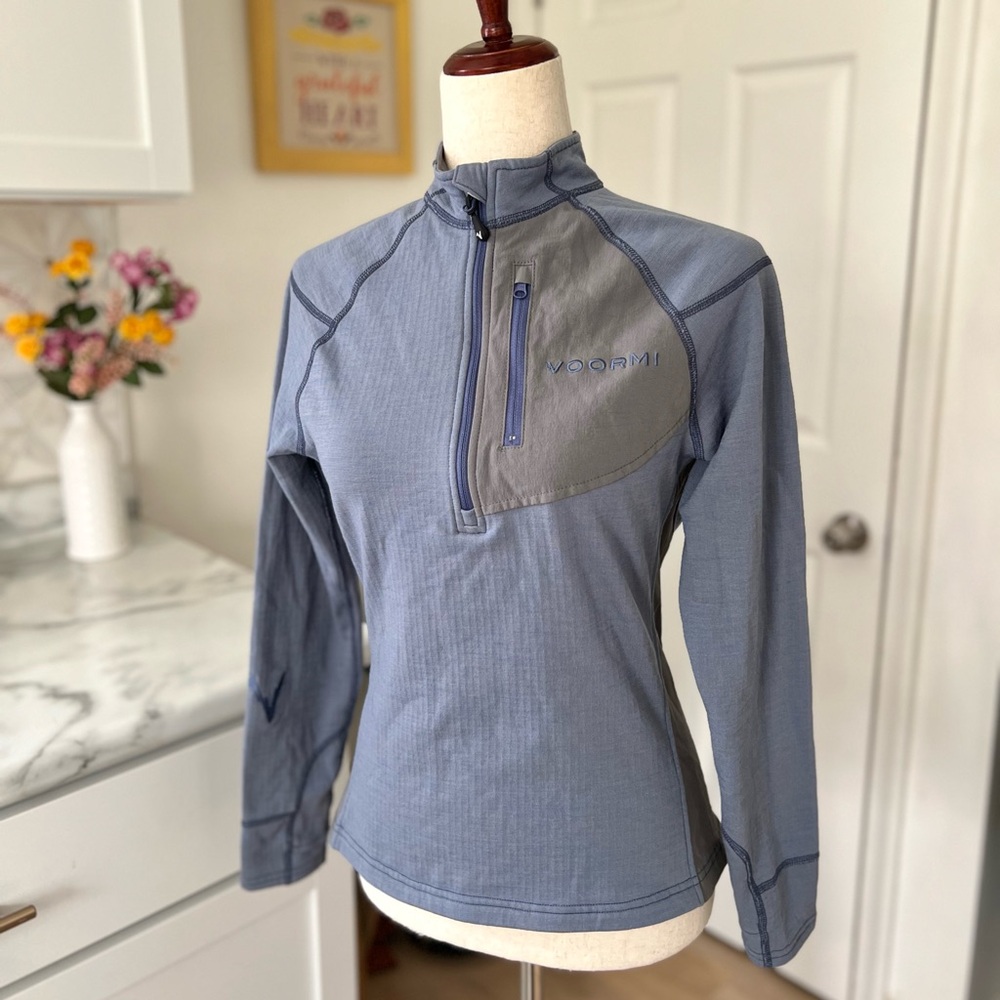 Voormi Wool Blend Quarter Zip Grayish Blue Mock Neck Jacket With Thumb Holes